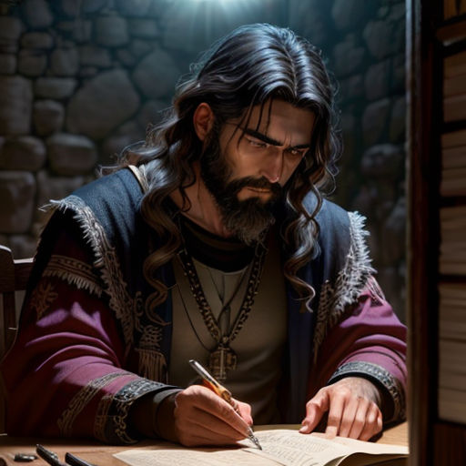 a man with long hair and beard sitting at a desk writing on a piece of paper with a pen