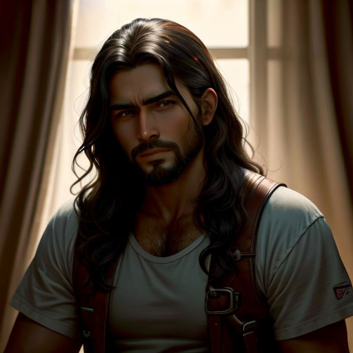 a man with long hair and a beard standing in front of a window with curtains and a backpack on