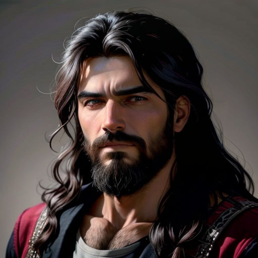 a man with long hair and a beard wearing a red jacket and a black jacket with a red collar