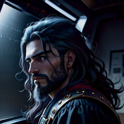 a man with long hair and a beard in a space station looking out the window of a space station
