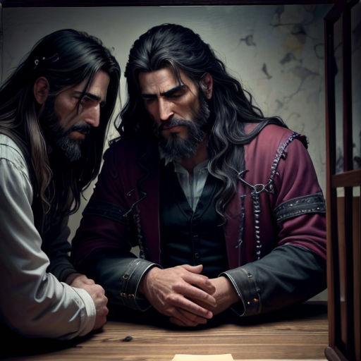 two men sitting at a table with a book in front of them and one man with long hair and beard