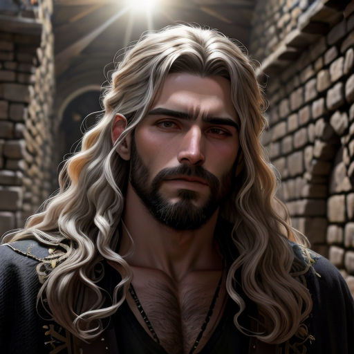 a man with long hair and a beard standing in front of a stone wall with a light shining on him