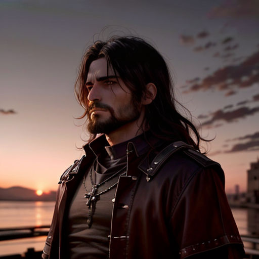 a man with long hair and a beard standing near the ocean at sunset with a city in the background