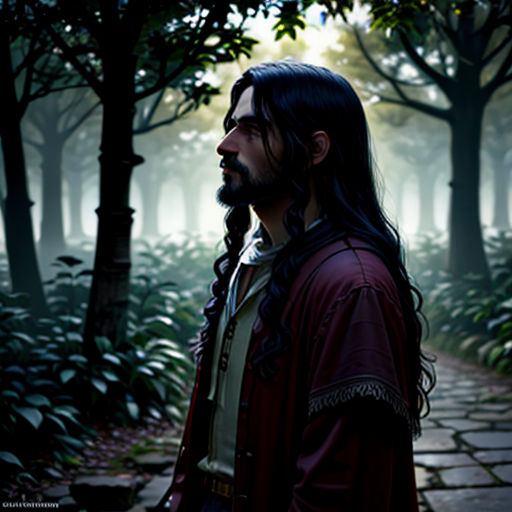 a man with long hair and a beard standing in a forest with trees and rocks on either side of him