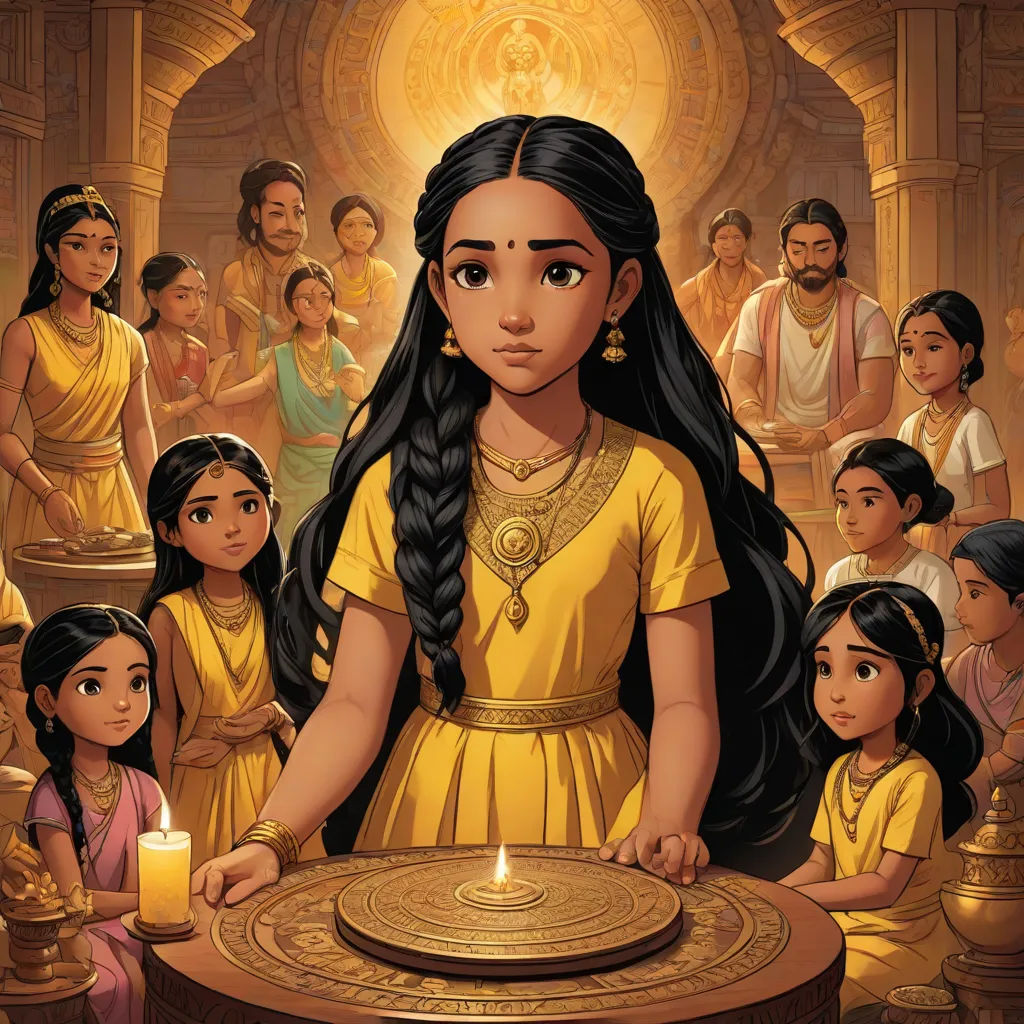 a painting of a girl in a yellow dress with a candle in front of her and a group of people around her, samikshavad, a storybook illustration, Ella Guru, promotional image