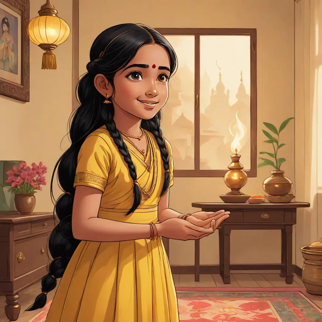 a cartoon girl in a yellow dress holding a lit candle in her hand and smiling at the camera with a potted plant in the background, samikshavad, a storybook illustration, Ella Guru, promotional image