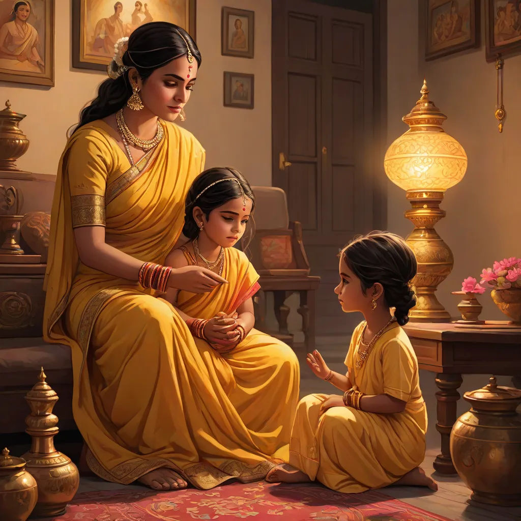 a painting of a mother and daughter sitting on the floor in a room with paintings on the walls and a lamp, samikshavad, a storybook illustration, Ella Guru, classical painting