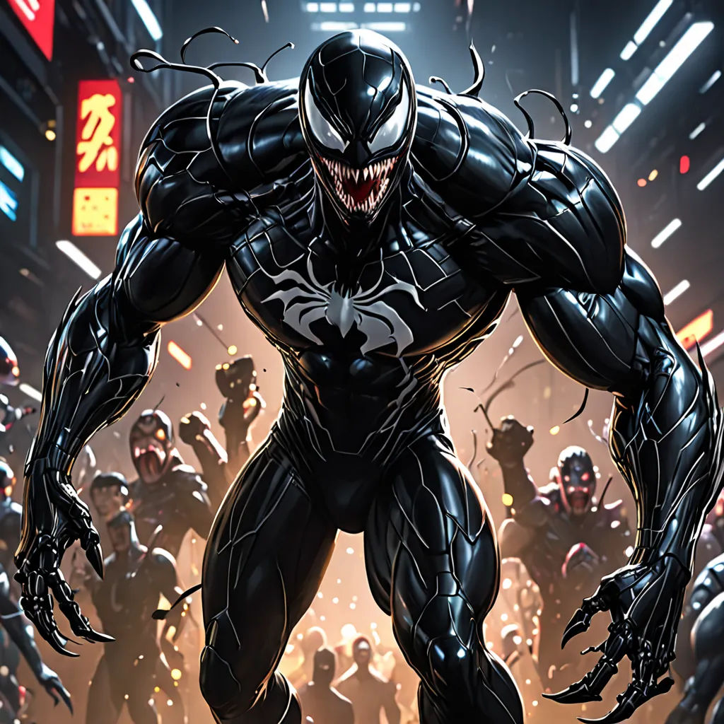 a black spider man standing in front of a crowd of people in a dark room with a neon light, photorealism, a comic book panel, Eddie Mendoza, comic cover art