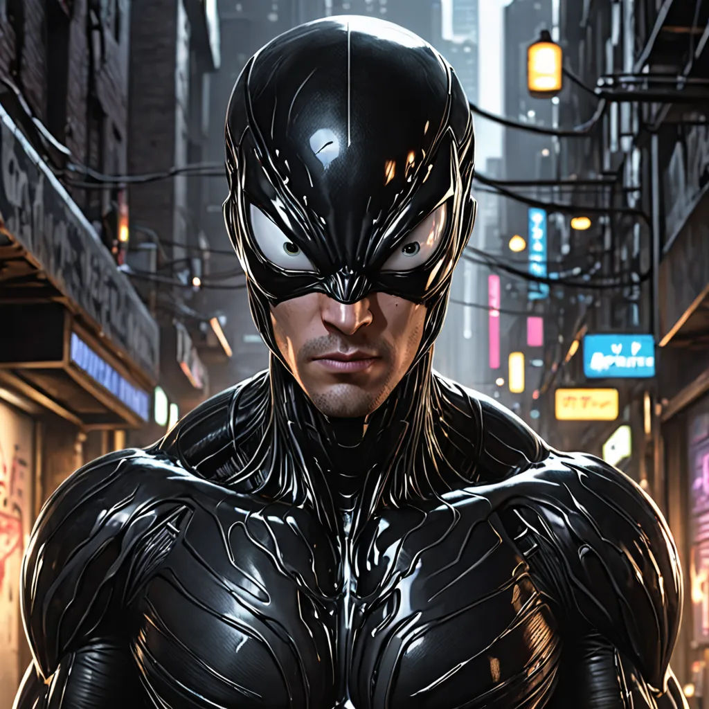 a man in a black suit standing in a city street at night with a neon sign in the background, photorealism, a comic book panel, Artgerm, comic cover art