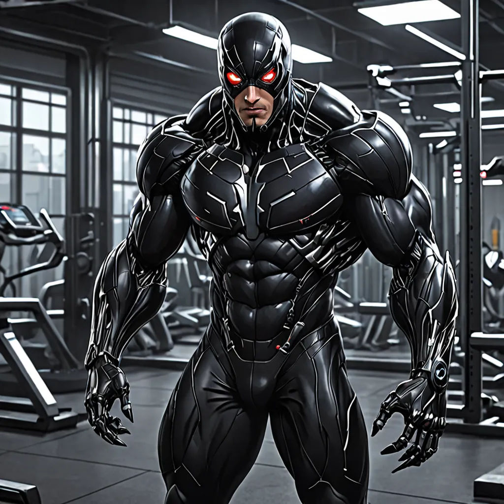 a man in a black suit standing in a gym with a machine behind him and a red light on his face, photorealism, a digital rendering, Anthony Palumbo, cyborg