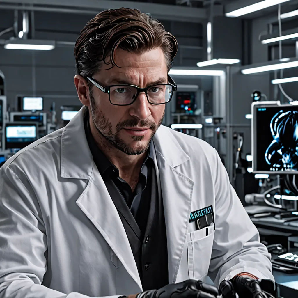 a man in a lab coat and glasses looking at a computer screen with a skeleton in the background and a fan behind him, holography, a hologram, Dr. Atl, promotional image