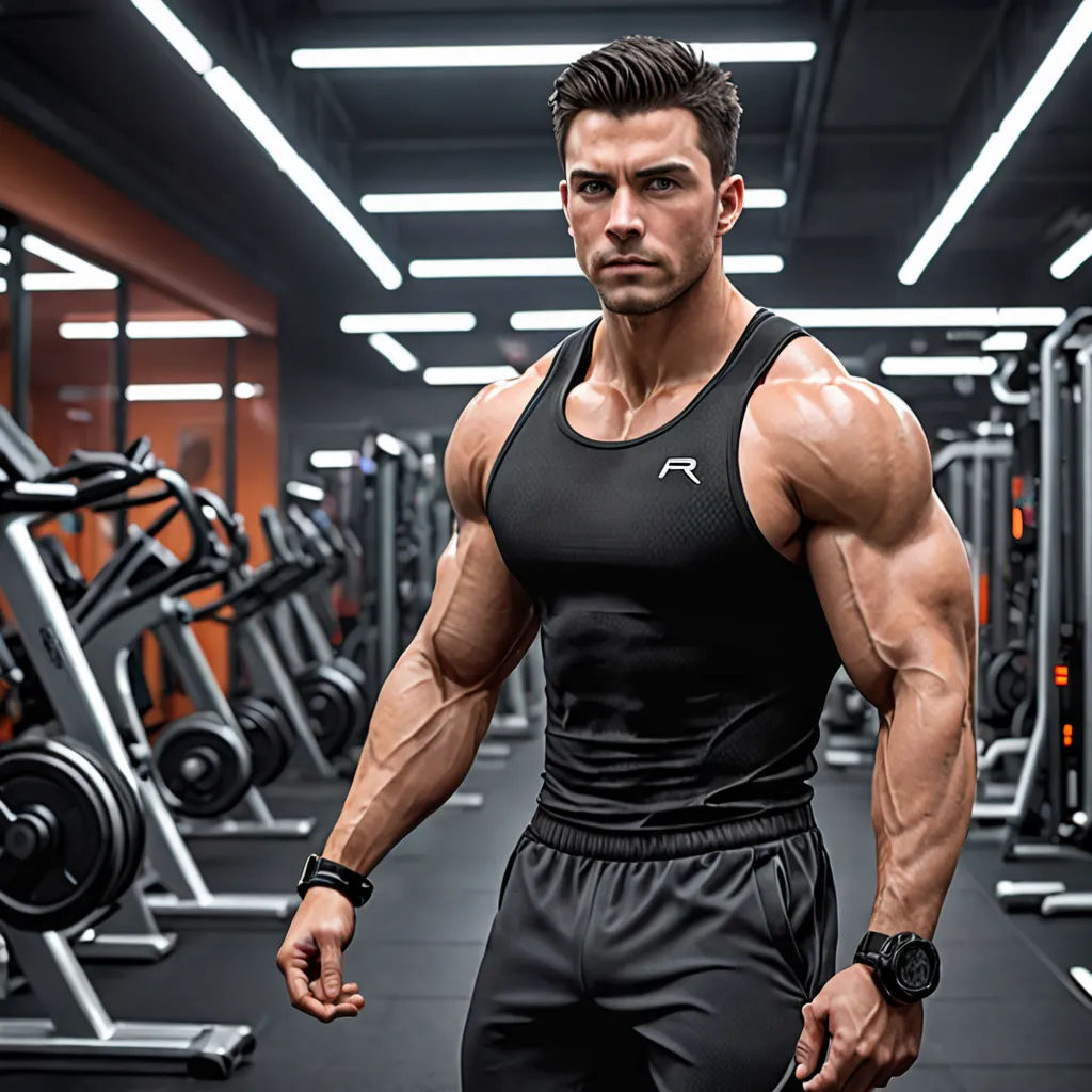 a man in a gym with a lot of machines in the background and a man in a black tank top, new objectivity, a stock photo, Alexander Kucharsky, masculine