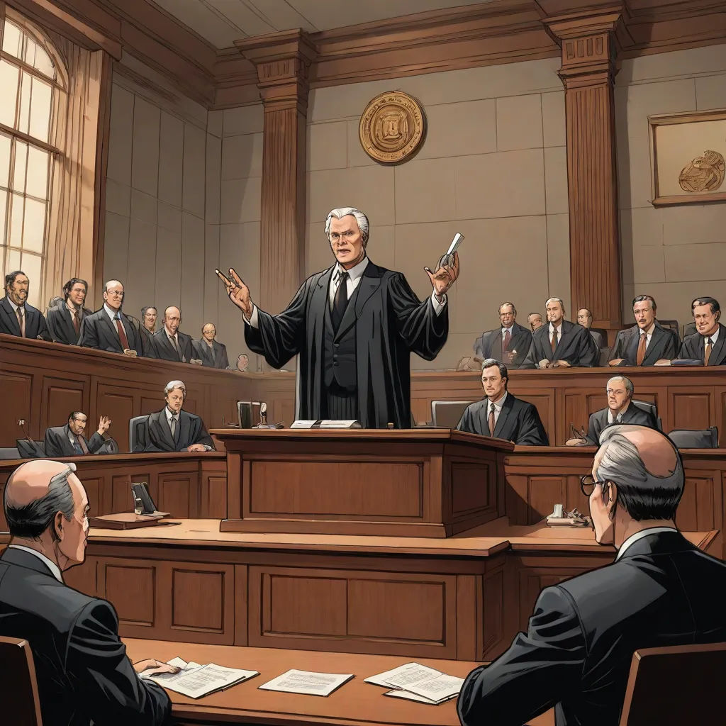 a courtroom scene with a judge and his staff in the courtroom, and a judge in the courtroom holding a cell phone, american scene painting, a comic book panel, Alson S. Clark, official art