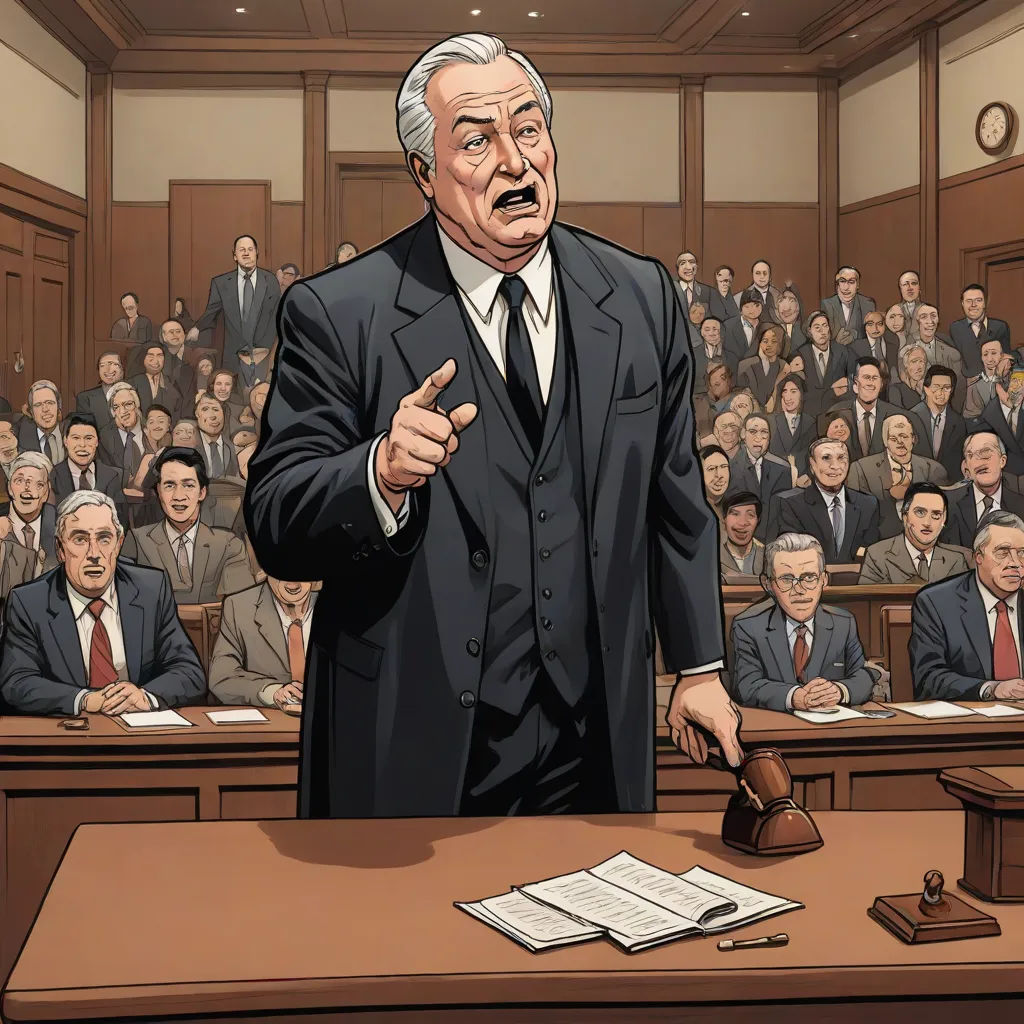 a cartoon of a man in a suit standing in front of a courtroom full of people and pointing at a judge, socialist realism, a comic book panel, Edwin Georgi, graphic novel