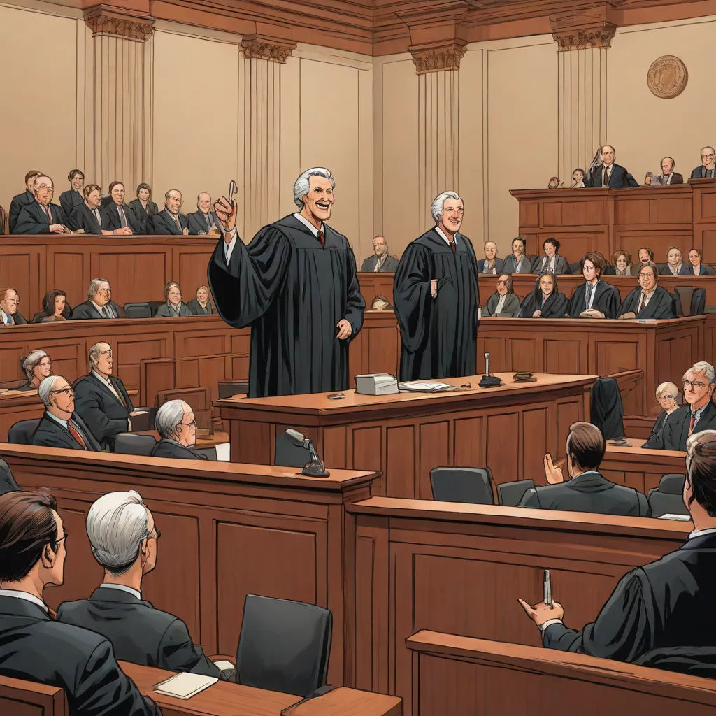 a courtroom full of people with judge and judge in the background talking to them on the phone and a judge in the foreground, american scene painting, a digital rendering, F Scott Hess, official art