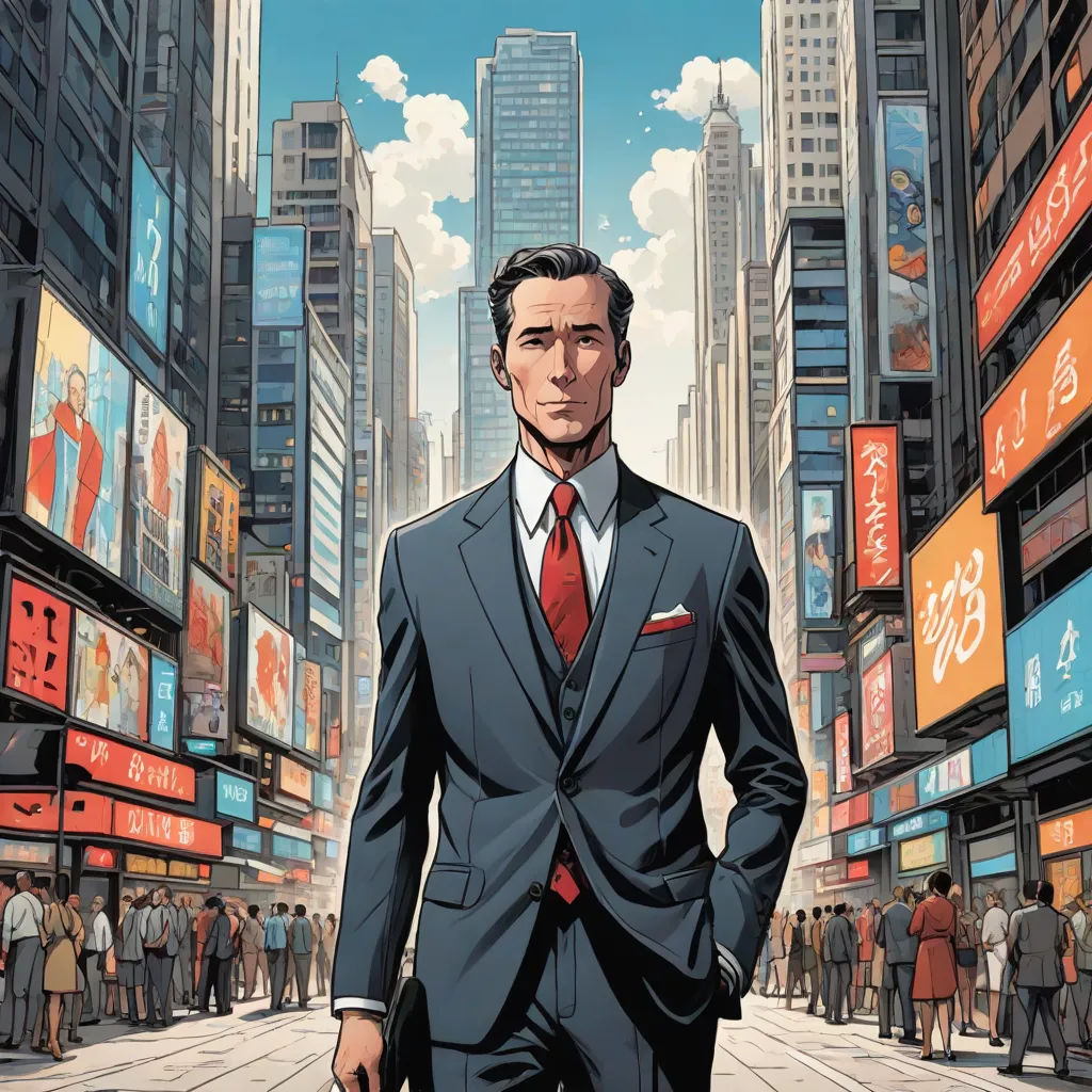 a man in a suit and tie standing in a city street with a crowd of people in the background, neoism, a comic book panel, Dong Kingman, graphic novel