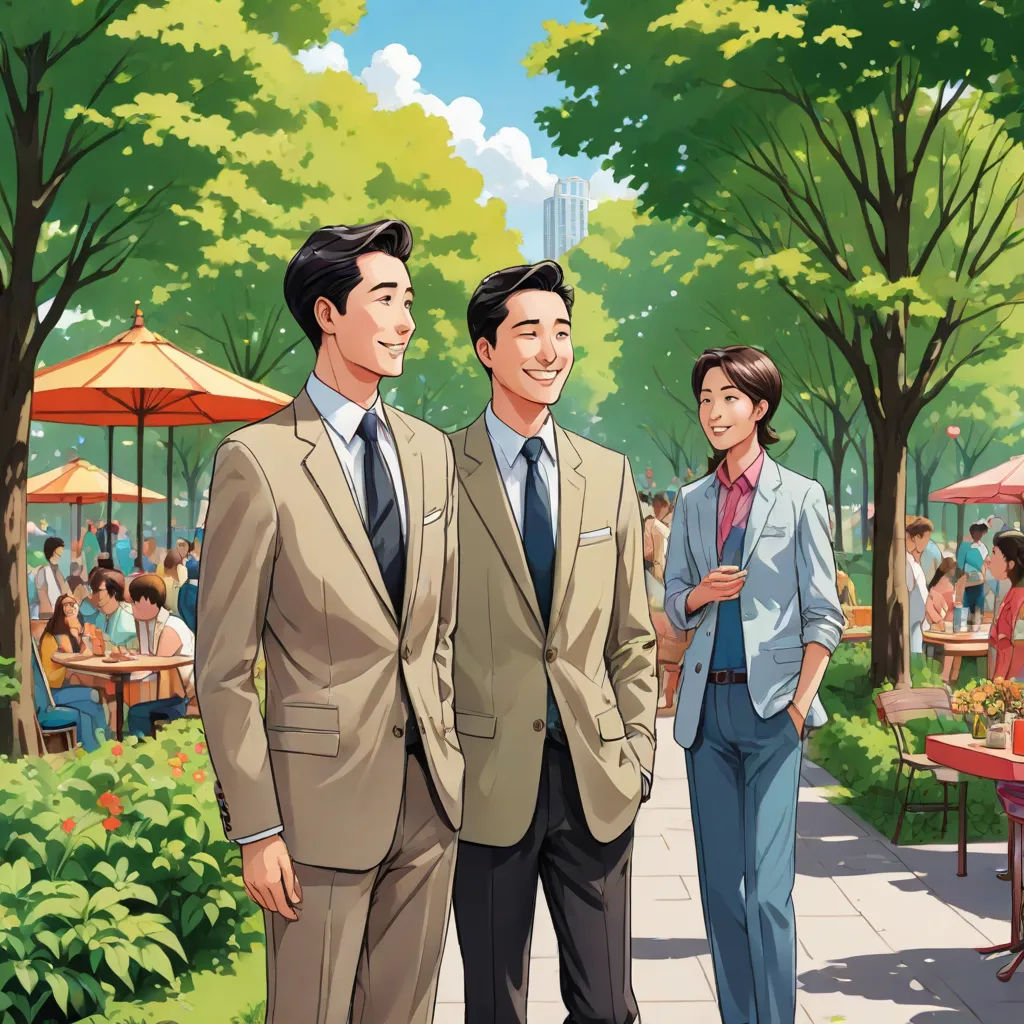 a couple of men standing next to each other in a park with trees and people in the background and a woman in the foreground, american scene painting, a digital rendering, David Park, official art