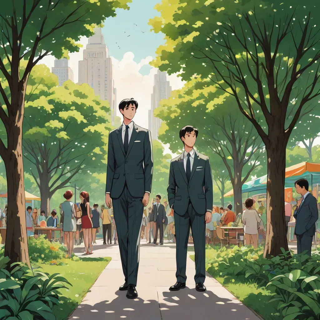 two men in suits standing on a sidewalk in a park with people in the background and trees in the foreground, naive art, a poster, Adam Manyoki, official art