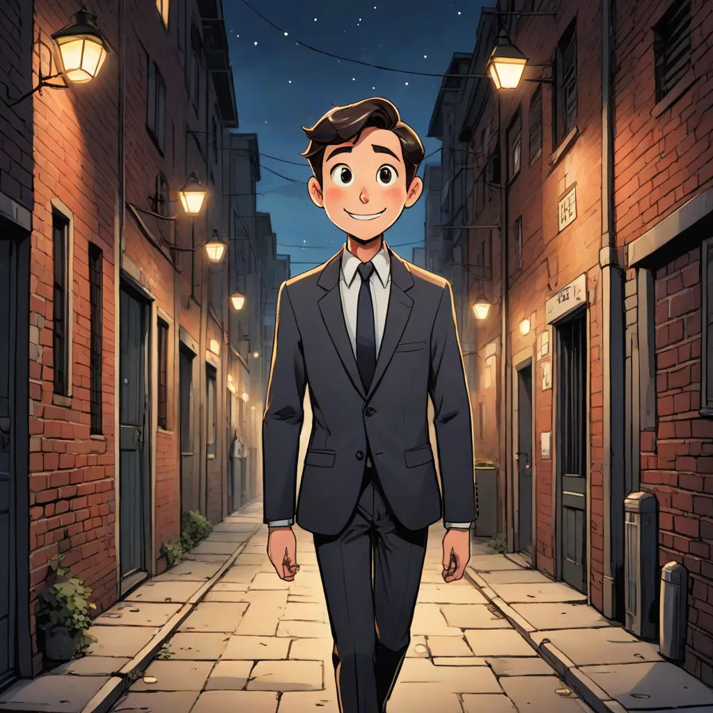 a man in a suit walking down a street at night with a smile on his face and a street light above him, private press, a comic book panel, Asaf Hanuka, official art