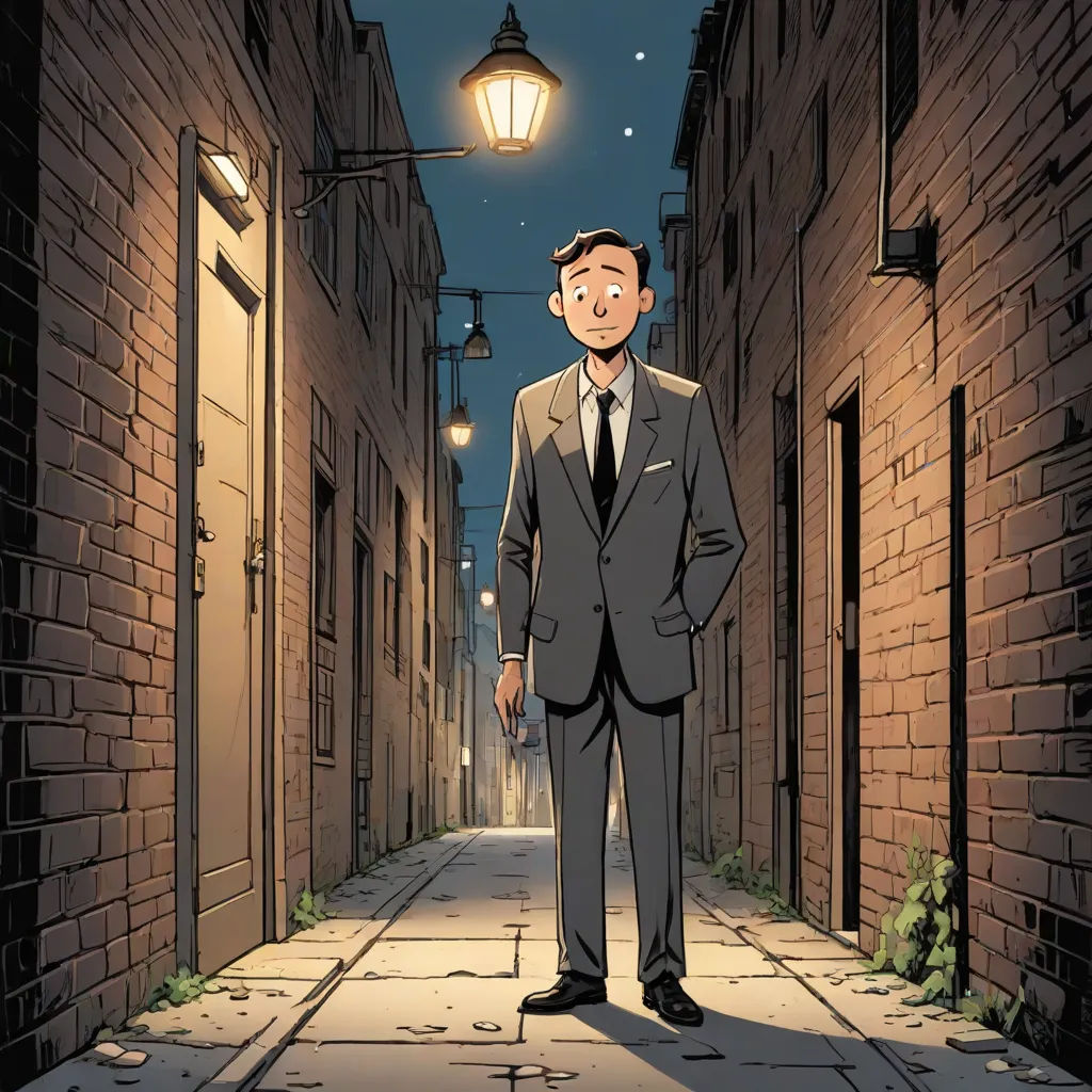 a man in a suit standing in an alley way at night with a street light above him and a lamp above him, private press, a comic book panel, Asaf Hanuka, graphic novel