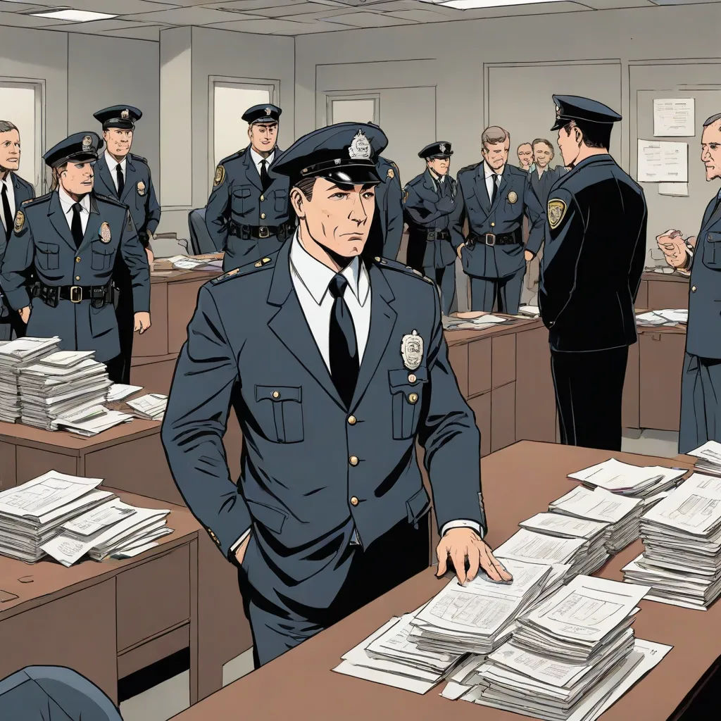 a cartoon of a police officer standing in front of a desk full of paperwork and looking at a man in a suit, private press, a comic book panel, Alton Tobey, graphic novel