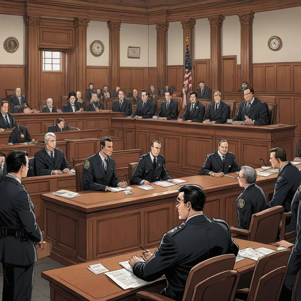 a courtroom with a man in a suit and tie sitting at a desk with other men in suits and ties, american scene painting, a digital rendering, Al Feldstein, official art