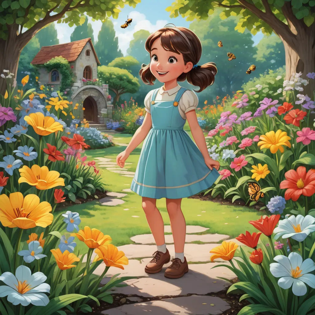 a girl in a blue dress standing in a garden with flowers and a house in the background with a butterfly flying overhead, fantasy art, a storybook illustration, Alice Prin, official art