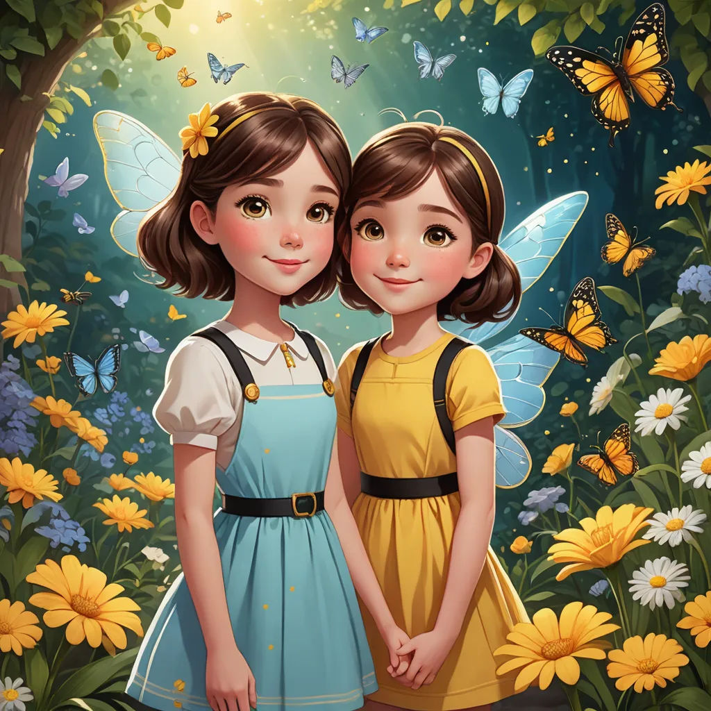 two girls standing in a field of flowers with butterflies around them and a butterfly in the background with a sunbeam, magic realism, a storybook illustration, Artgerm, trending on art station