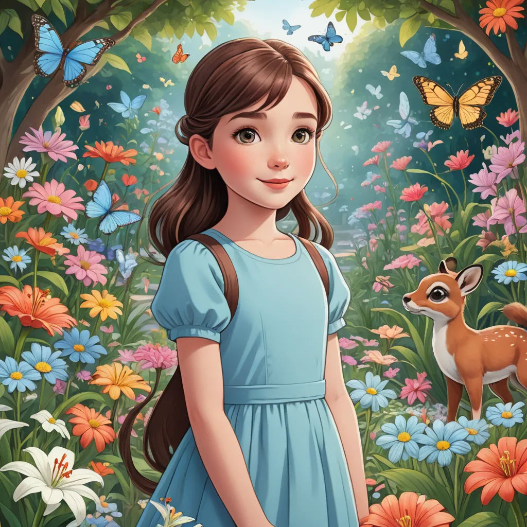 a girl in a blue dress standing in a field of flowers with a deer in the background and butterflies flying overhead, magical realism, a storybook illustration, Alice Prin, kinkade