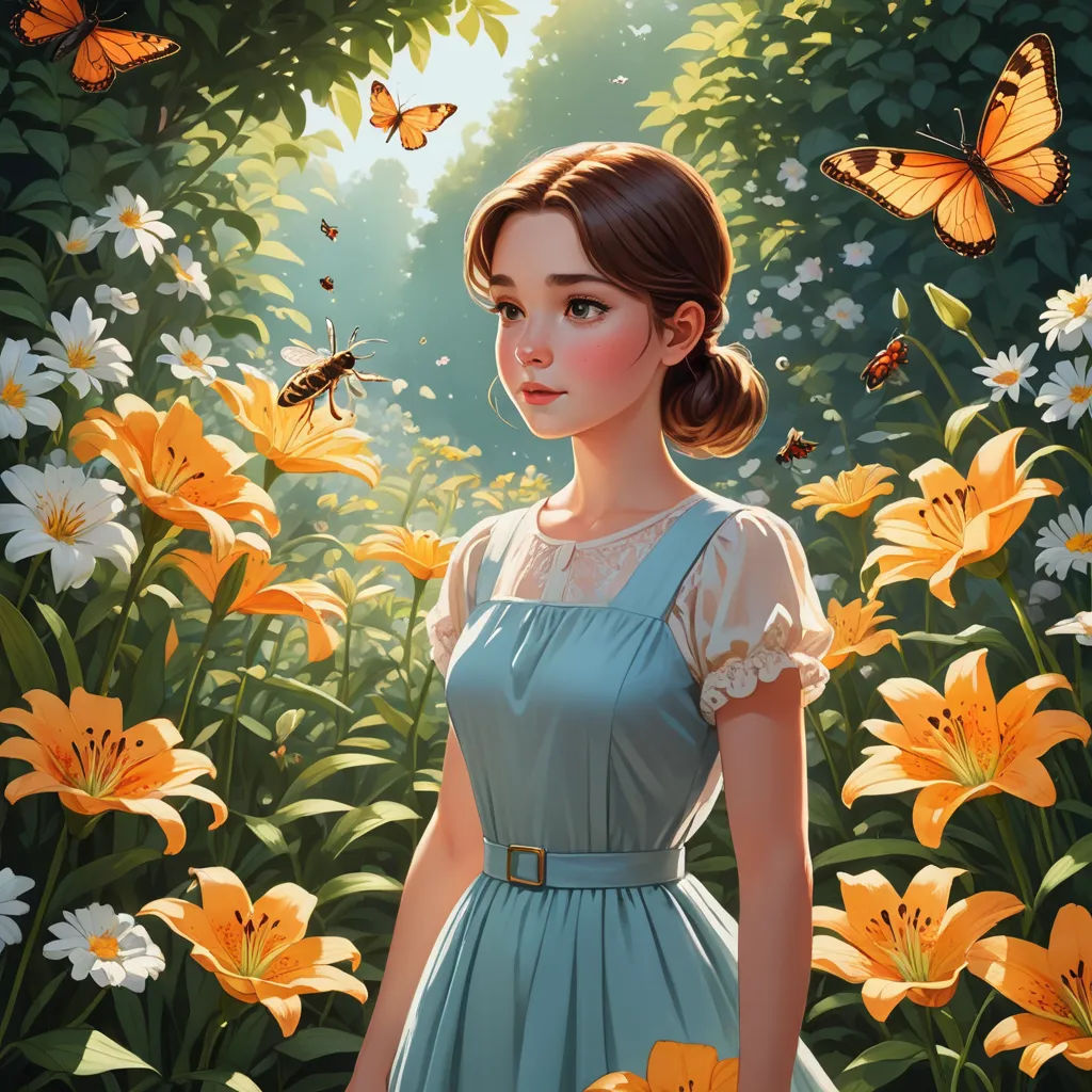 a painting of a girl in a blue dress surrounded by butterflies and flowers with a butterfly - like background, fantasy art, a storybook illustration, Artgerm, rossdraws global illumination