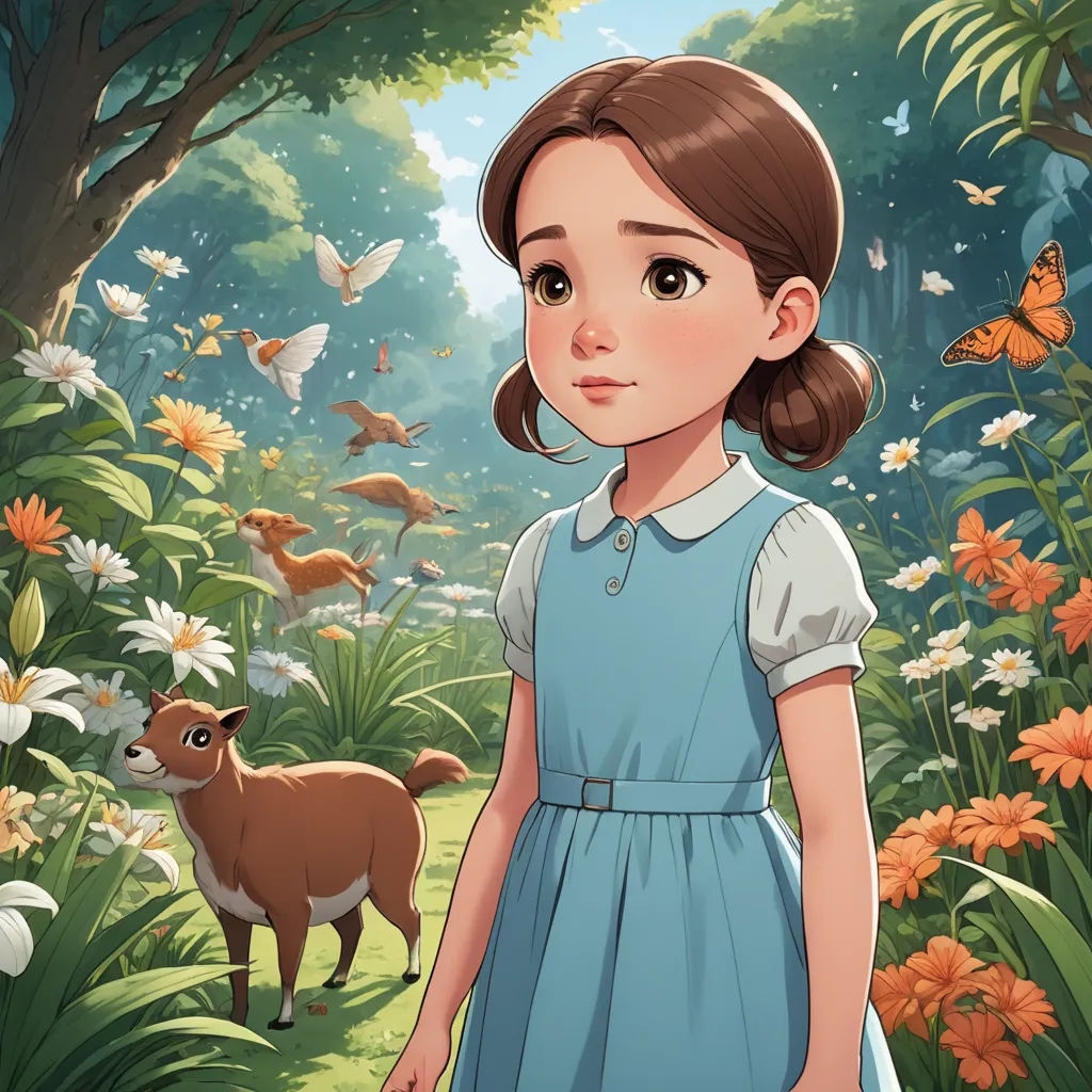 a girl in a blue dress standing in a forest with a deer and butterflies in the background, and a forest with flowers and butterflies, magical realism, a character portrait, Clarice Beckett, official art