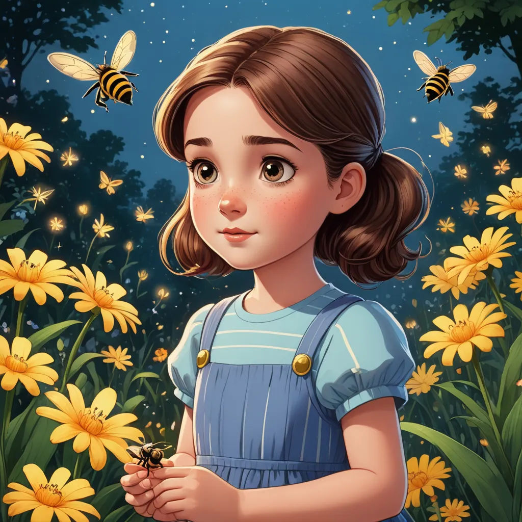 a girl in a blue dress standing in a field of flowers with bees flying around her and a bee on her hand, magic realism, a storybook illustration, Anne Said, trending on art station