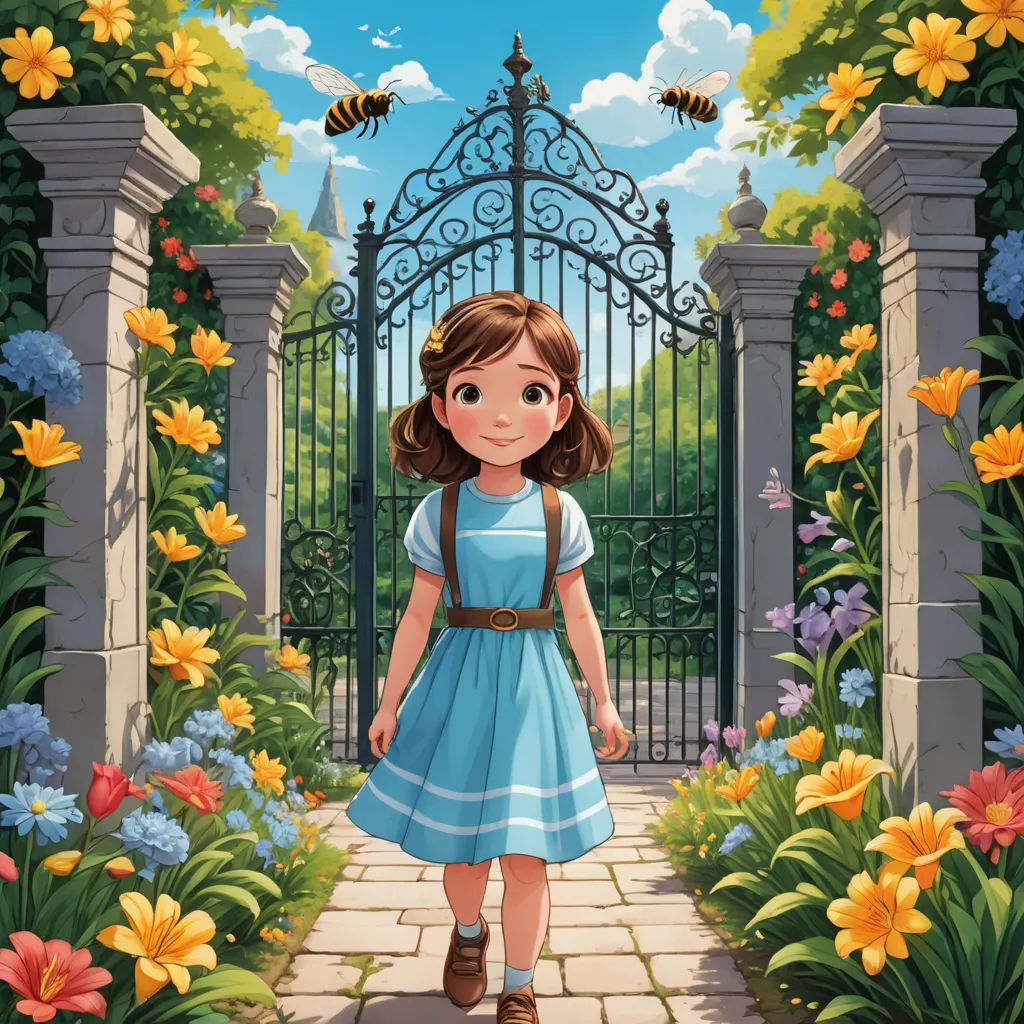 a girl in a blue dress is walking through a garden with flowers and a gate with a bee on it, magic realism, a storybook illustration, Alice Prin, official art