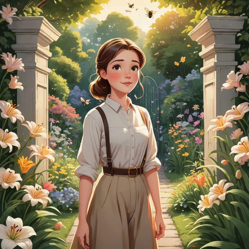a woman standing in a garden with flowers and a butterfly flying overhead in the sky above her head is a doorway to a garden with flowers and a, fantasy art, a character portrait, Anne Said, kinkade
