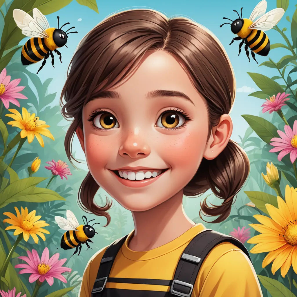 a girl with a backpack and a bunch of bees around her head and a background of flowers and a sky, photorealism, a character portrait, Artgerm, highly detailed digital painting