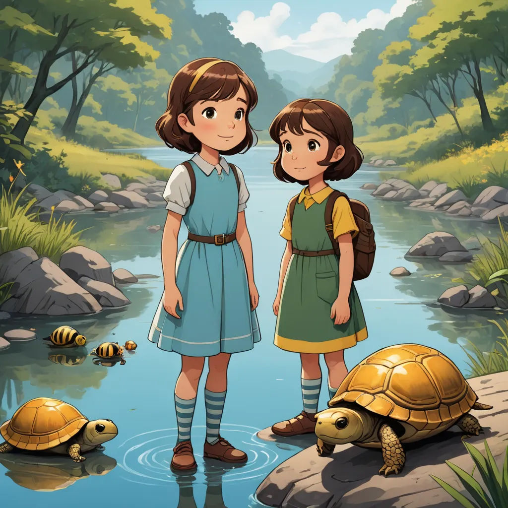 two girls standing in front of a river with turtles and a turtle on the shore of the river,, serial art, a storybook illustration, Anne Said, official art
