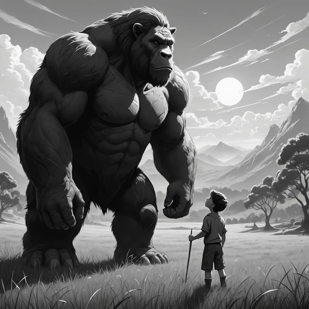 a man standing next to a giant gorilla in a field of grass with a stick in his hand and a giant gorilla standing next to him, furry art, a storybook illustration, Aaron Jasinski, rossdraws global illumination