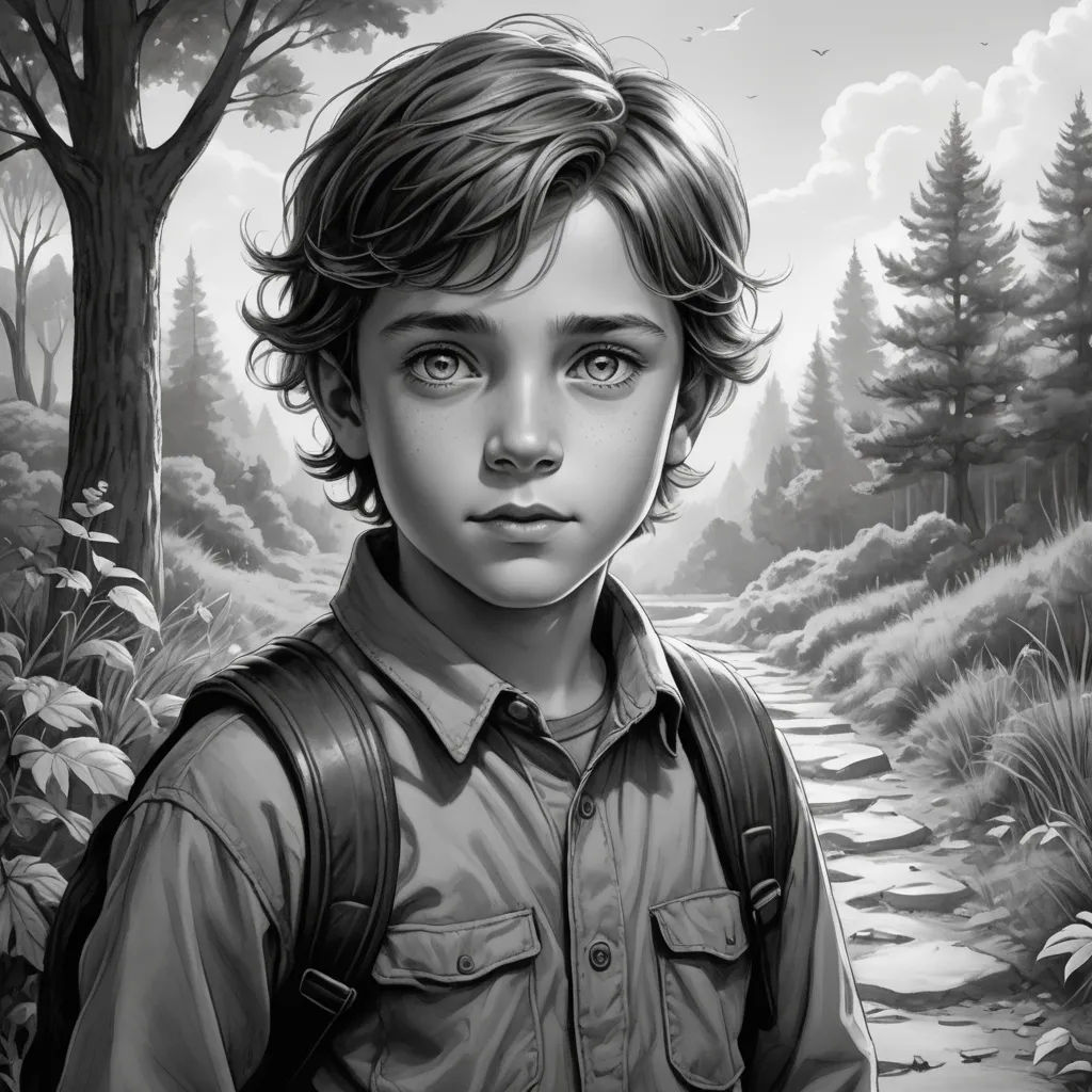 a boy with a backpack standing in front of a forest with a path leading to a tree and a bird flying overhead, hyperrealism, a storybook illustration, Charlie Bowater, stanley artgerm lau