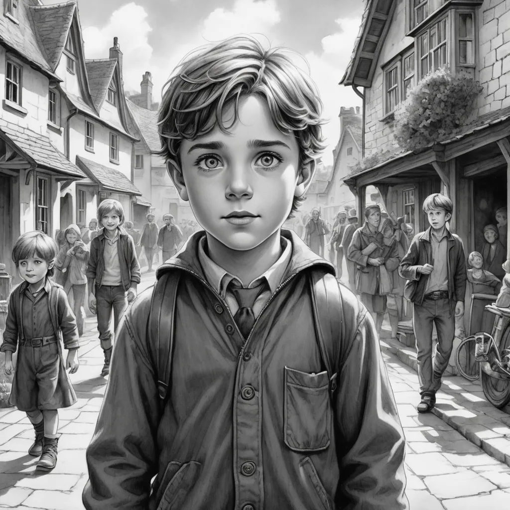 a boy in a jacket standing in front of a group of children on a street with a bicycle and a bicycle, fantastic realism, a storybook illustration, Bob Byerley, official art