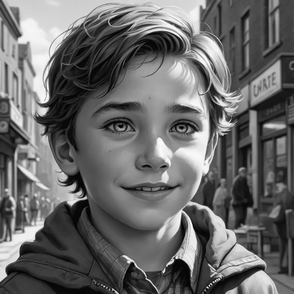 a black and white photo of a boy smiling in a street with people in the background and a building, photorealism, a photorealistic painting, Diego Gisbert Llorens, ultra realistic illustration
