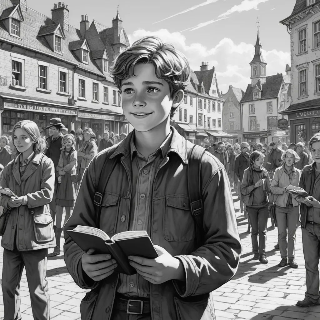 a man standing in front of a crowd of people holding a book in his hands and smiling at the camera, fantastic realism, a storybook illustration, Bob Byerley, stanley artgerm lau