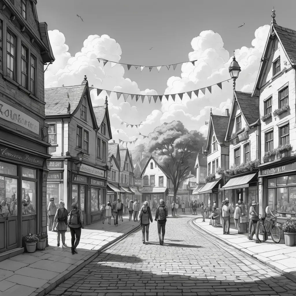 a black and white photo of a town street with people walking on the sidewalk and a train on the tracks, modern european ink painting, a detailed matte painting, Andreas Rocha, league of legends concept art