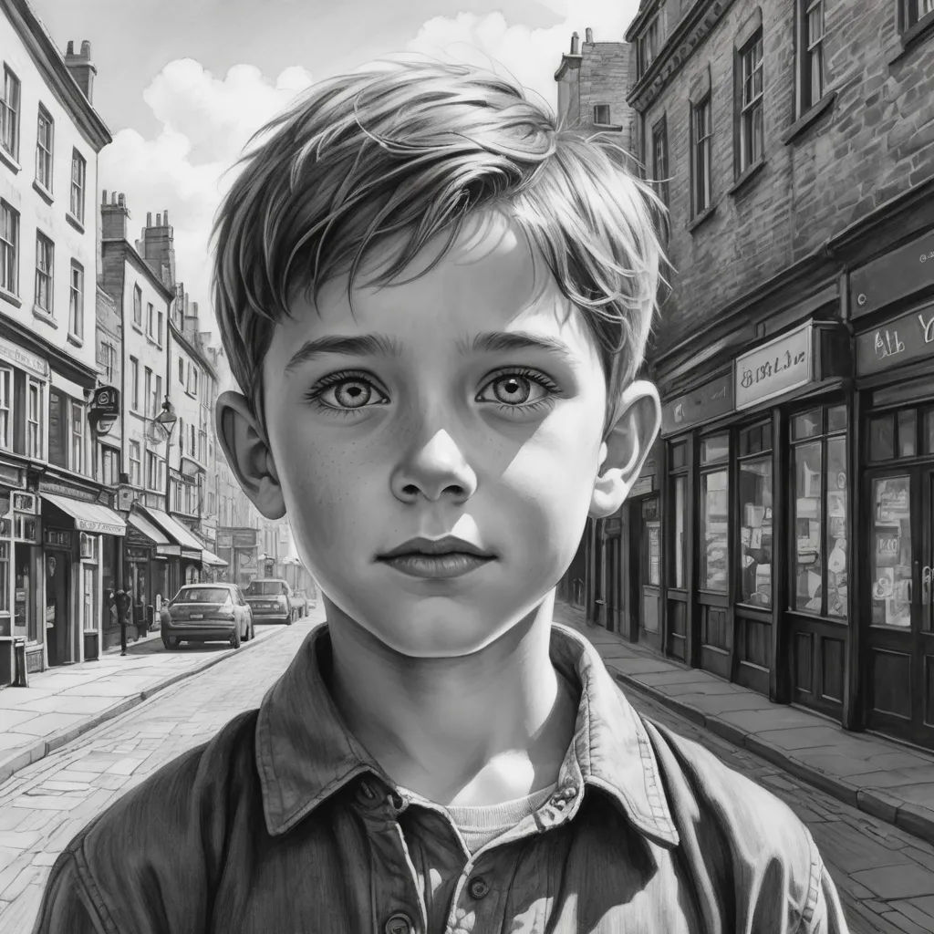 a boy is standing on a street corner in front of a building with a sign that says, the boy is looking at the camera, hyperrealism, an ultrafine detailed painting, Colin Middleton, highly detailed digital painting