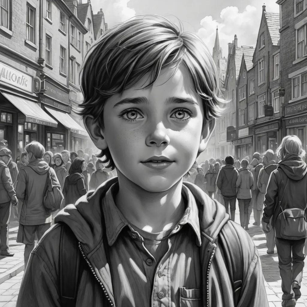 a boy is standing in front of a crowd of people on a street with buildings in the background and a black and white drawing of him, hyperrealism, a storybook illustration, Cedric Seaut (Keos Masons), stanley artgerm lau