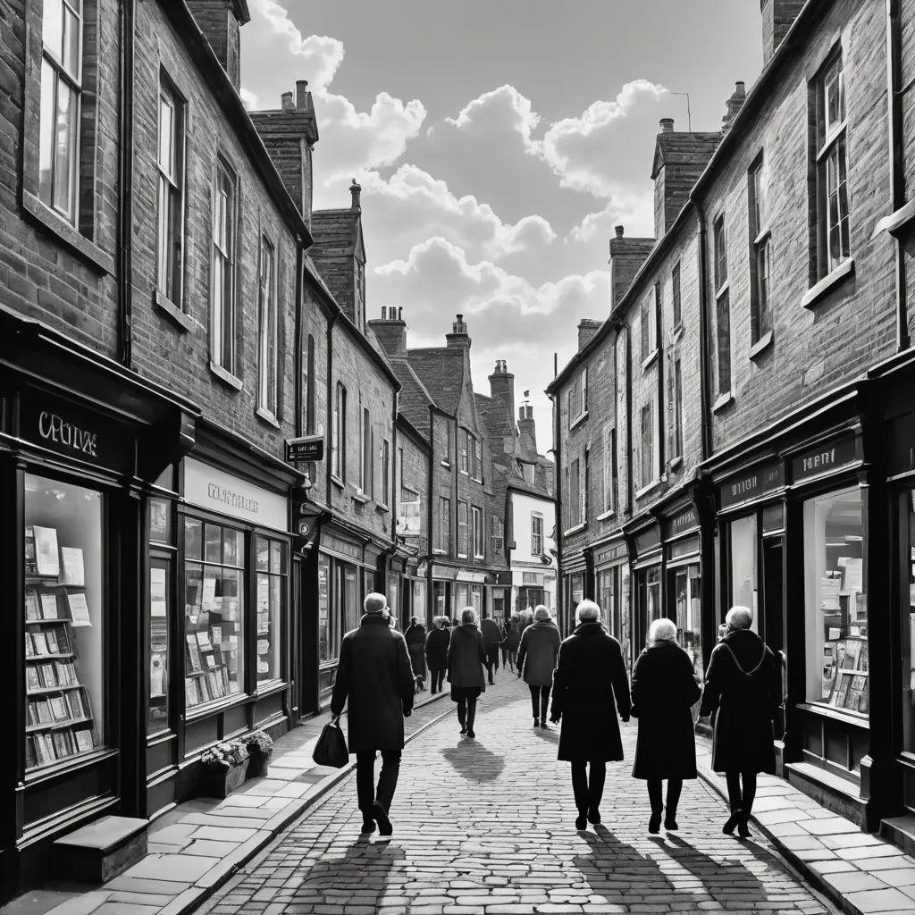 a group of people walking down a street next to tall buildings with windows on each side of them and a sky background, modern european ink painting, a black and white photo, Colin Middleton, award-winning photograph