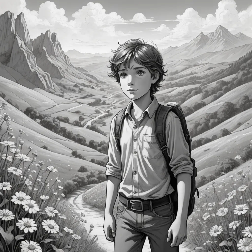 a boy standing in a field with mountains in the background and a river running through it, with a backpack on his shoulder, serial art, a storybook illustration, Cliff Childs, promotional image