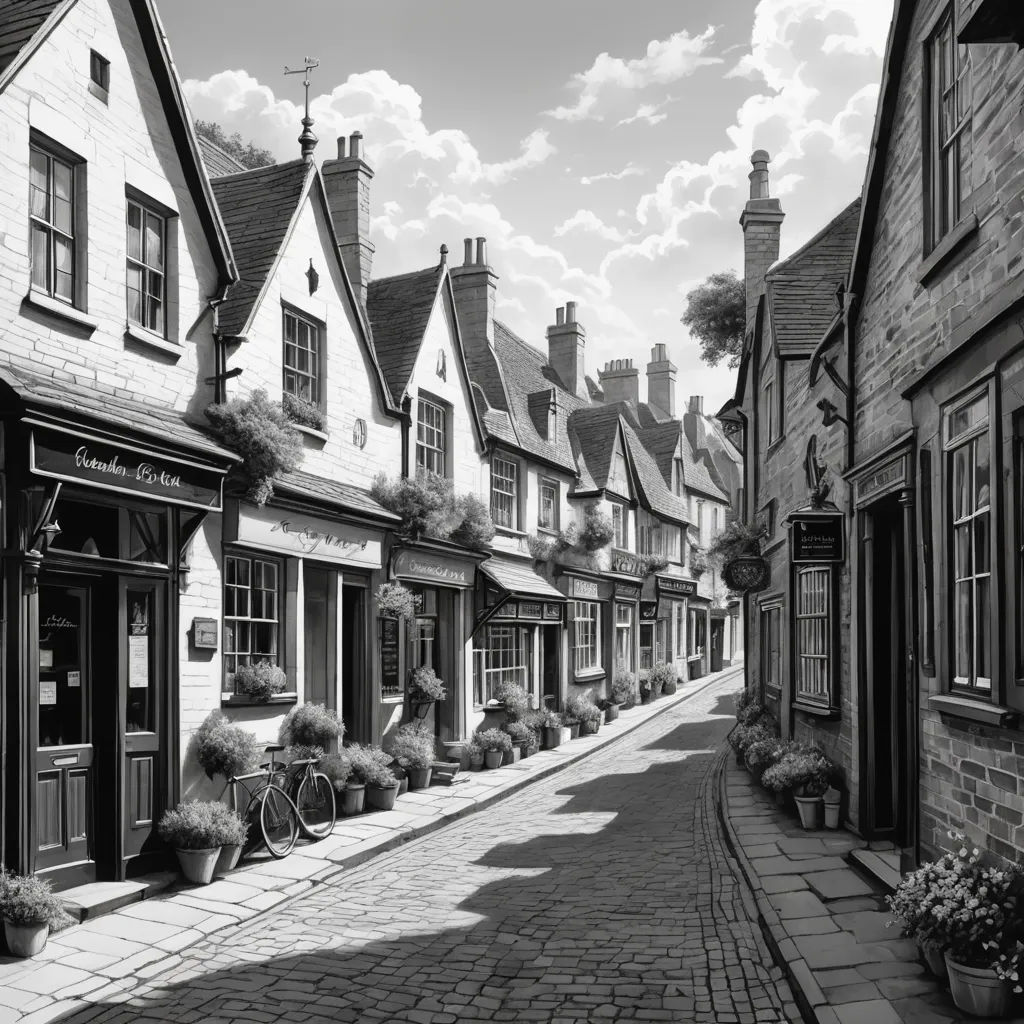 a black and white photo of a street with buildings and bicycles parked on the side of the street and a sky with clouds, modern european ink painting, a detailed matte painting, Evgeny Lushpin, matte drawing