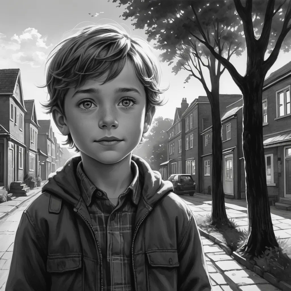 a boy standing on a sidewalk next to a tree and a building with a clock on it's side, hyperrealism, a storybook illustration, Charlie Bowater, highly detailed digital painting