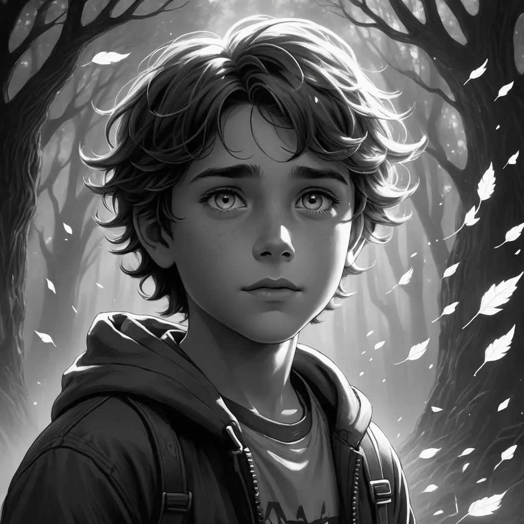 a boy in a hoodie standing in a forest with leaves on the ground and looking at the camera, photorealism, a character portrait, Charlie Bowater, stanley artgerm lau