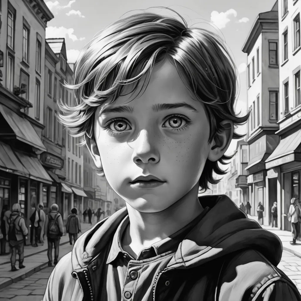 a black and white photo of a young boy in a street with buildings in the background and a sky background, hyperrealism, an ultrafine detailed painting, Charlie Bowater, stanley artgerm lau